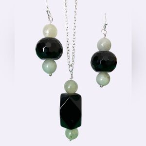 Silver plated Black crystals and jade Green Beaded Jewelry Set